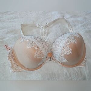 Victorias Secret Bra 38D Dream Angels Push Up Nude Mesh White Lace Front Close